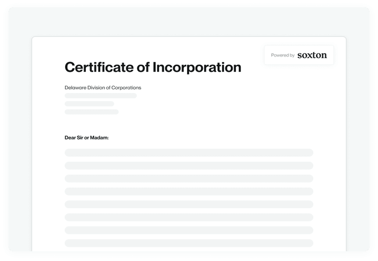 Delaware Certificate of Incorporation from the Division of Corporations, with text blurred.